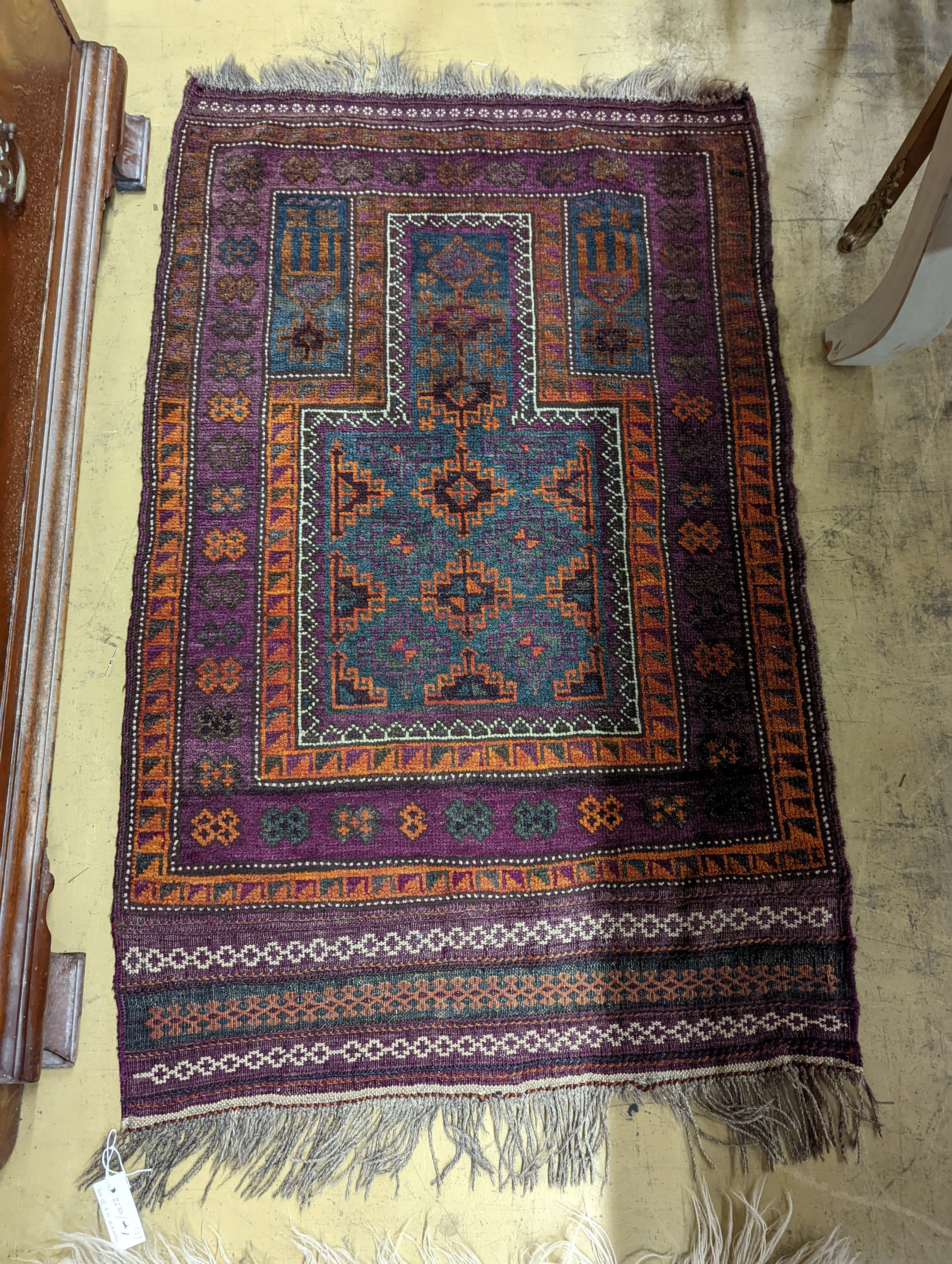 Two Belouch geometric prayer rugs, 106 x 57cm